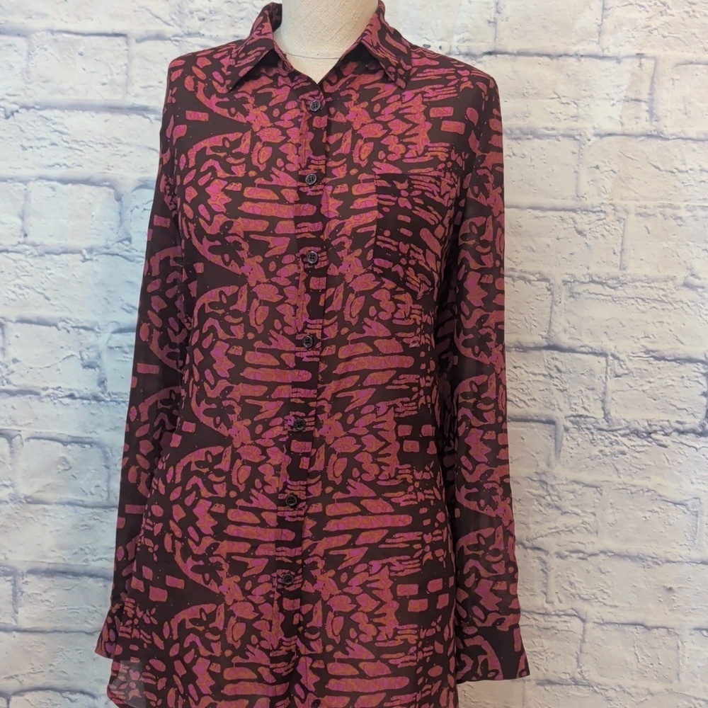 VS Moda Int'l Semi Sheer Pink & Brown Button-Down Blouse - Size Medium - Picture 3 of 8